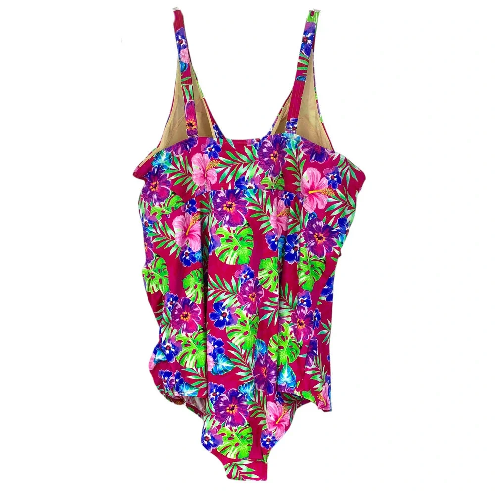 Swimsuits For All Plus Sz 34 Tummy Control Sarong Front Floral 1 Piece Swimsuit